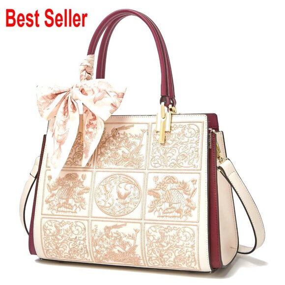 Handbags - Genuine Leather Tote Bag with Adjustable Strap and Multiple Pockets